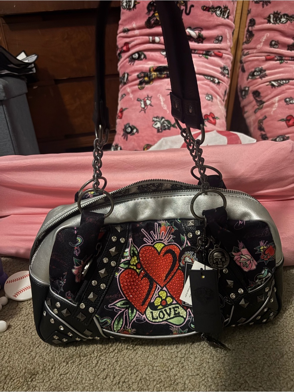 Ed Hardy Black Shoulder Bag with Red Heart Motif and Silver Trim